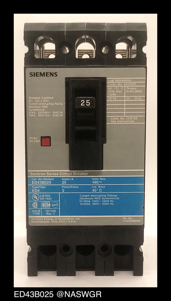 Siemens ED43B025 Molded Case Circuit Breaker ~ 25 Amp — North American ...