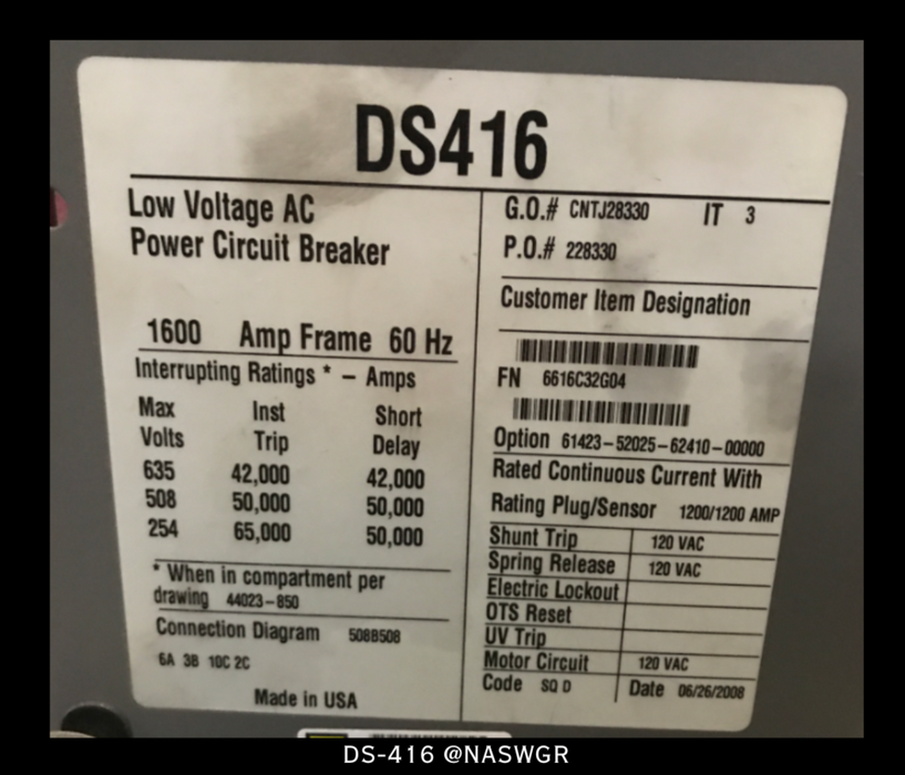 Square D Power Zone III / DS Switchgear 1600 Amps/ 480/277V