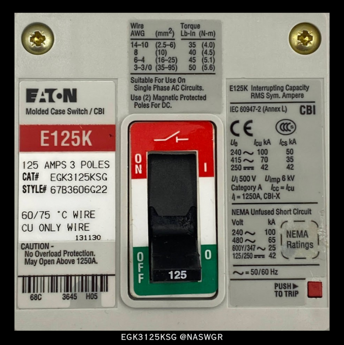 Eaton EGK3125KSG Molded Case Switch - 125 Amp