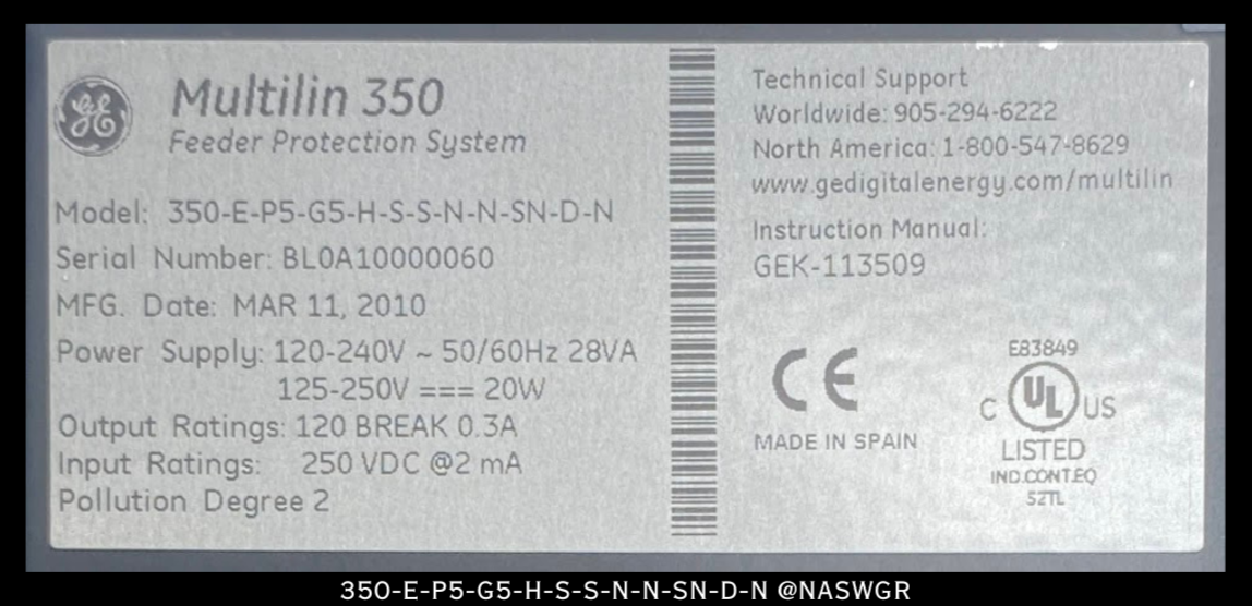 General Electric Multilin 350-E-P5-G5-H-S-S-N-N-SN-D-N Protection Relay