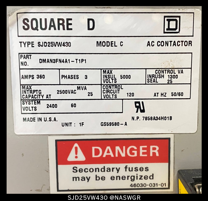 Square D SJD25VW430 AC Contactor - 360 Amps/5000v