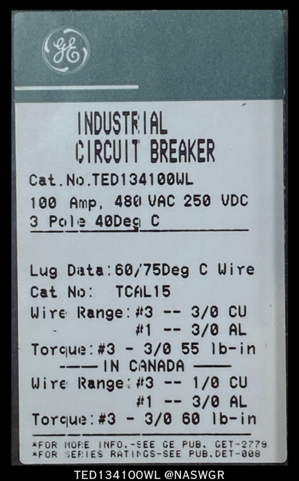 General Electric TED134100WL Molded Case Circuit Breaker - 100 Amp