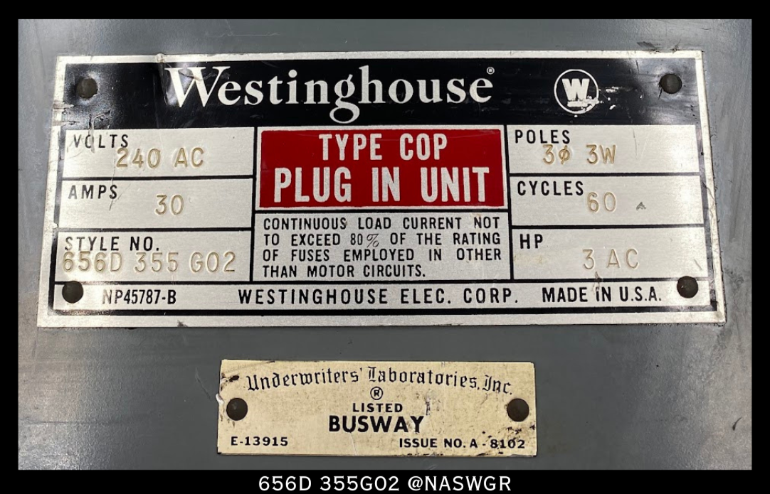 Westinghouse 656D355G02 Fusible Cover Operated Bus Plug - 30A/240V