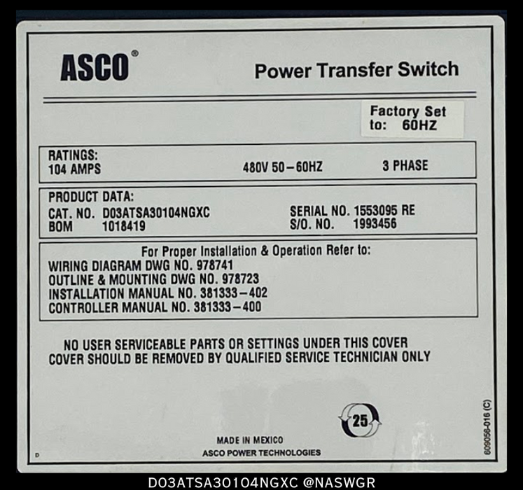 ASCO D03ATSA30104NGXC Automatic Transfer Switch - 104A/280V  - Unused