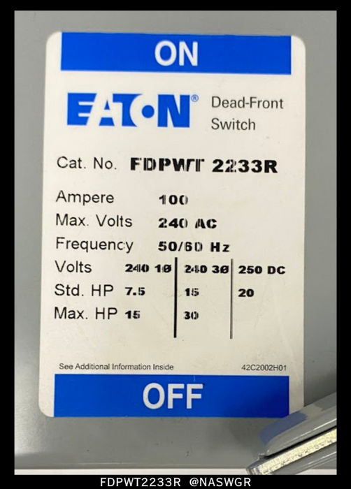 Eaton FDPWT2233R Fusible Panelboard Switch - 100/100 Amp - Unused