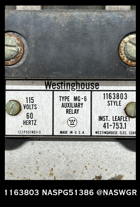 1163803 - Westinghouse 1163803 MG-6 AUXILIARY RELAY