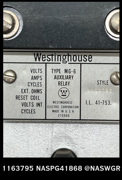 1163795 - Westinghouse 1163795 MG-6 AUXILIARY RELAY