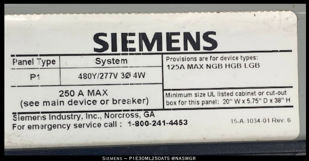 Siemens P1E30ML250ATS Unassembled Lighting Panel - 250A/480Y,277V/3P4W - Unused