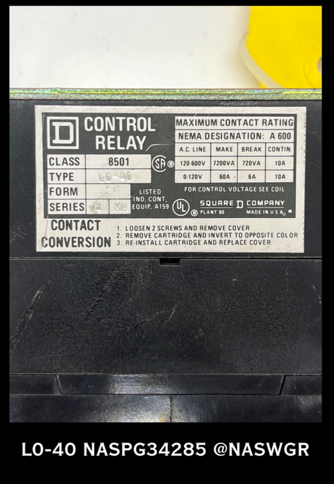 L0-40 ~ SQUARE D L0-40 TYPE L CONTROL RELAY