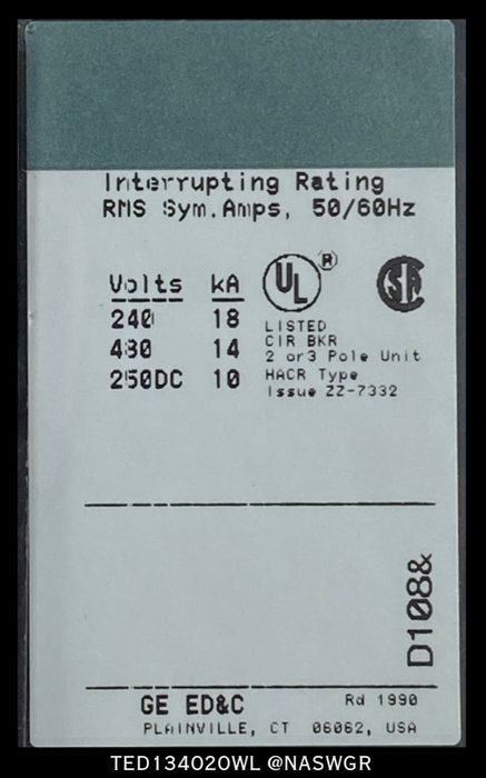 General Electric TED134020WL Molded Case Circuit Breaker - 20 Amp