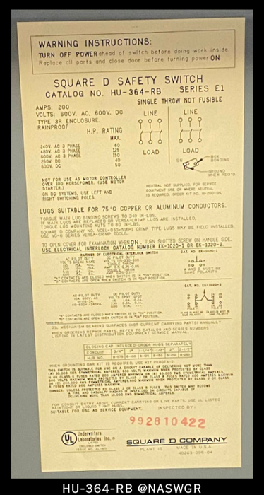 Square D HU364RB Heavy Duty Safety Switch - 200A/600V/N3R - Unused