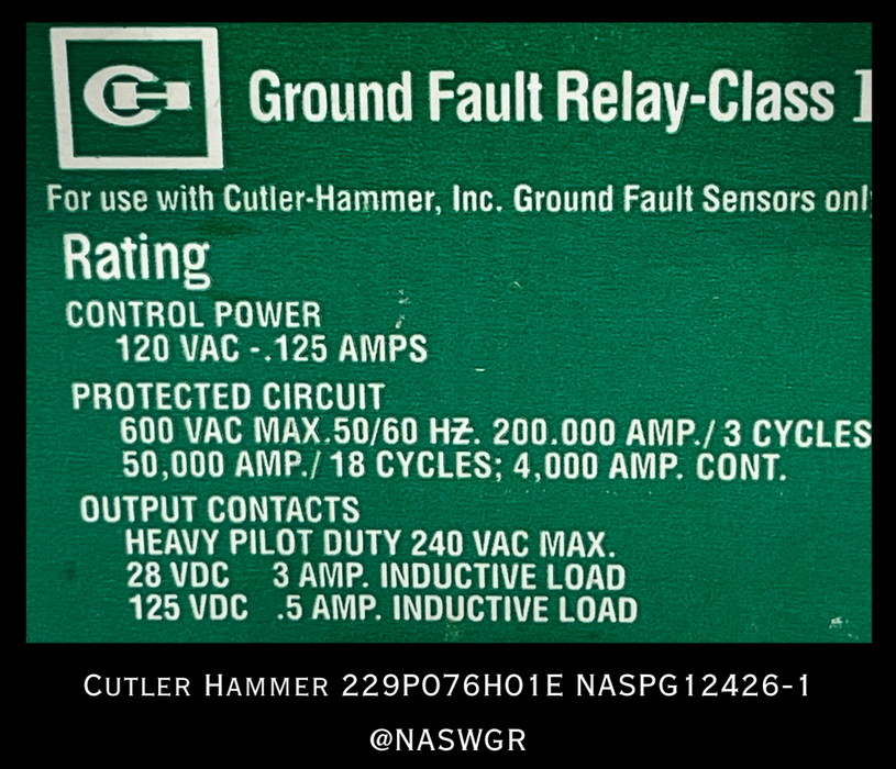 229P076H01E ~ Cutler Hammer 229P076H01E Ground Fault Relay