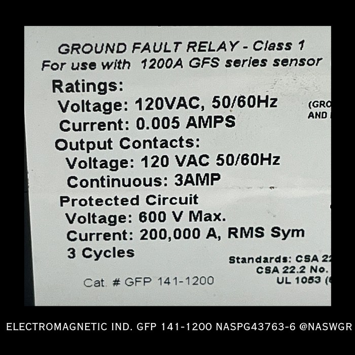 GFP 141-1200 Electromagnetic Ind. Ground Fault Relay