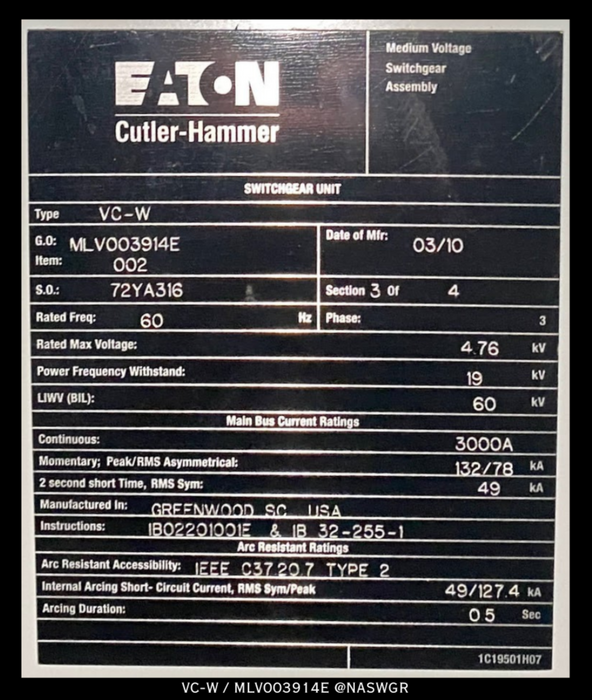 Eaton VC-W Medium Voltage Switchgear Assembly w/ 50VCP-W350 - 3000 Amp