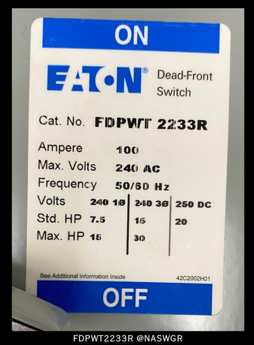 Eaton FDPWT2233R Fusible Panelboard Switch - 100/100 Amp - Unused