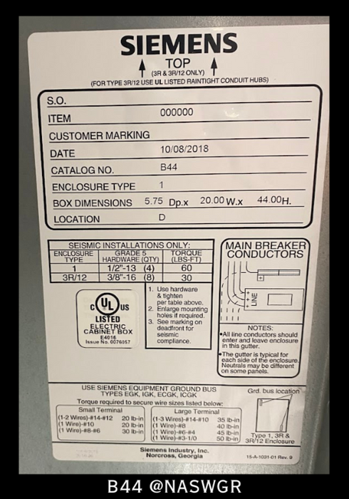 Siemens B44 P1 Panelboard Enclosure Box - NEMA 1