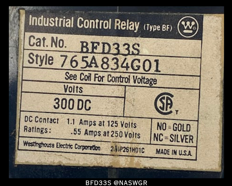 Westinghouse BFD33S Control Relay - 120vDC Coil - Unused