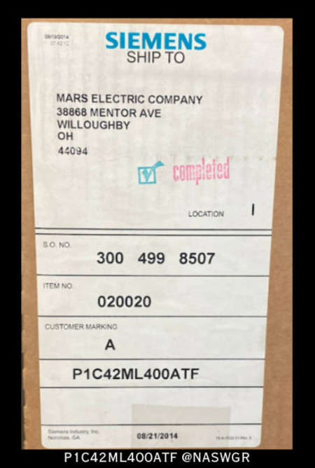 Siemens P1C42ML400ATF Unassembled Lighting Panel - 400A/208Y,120V/3P4W - Unused