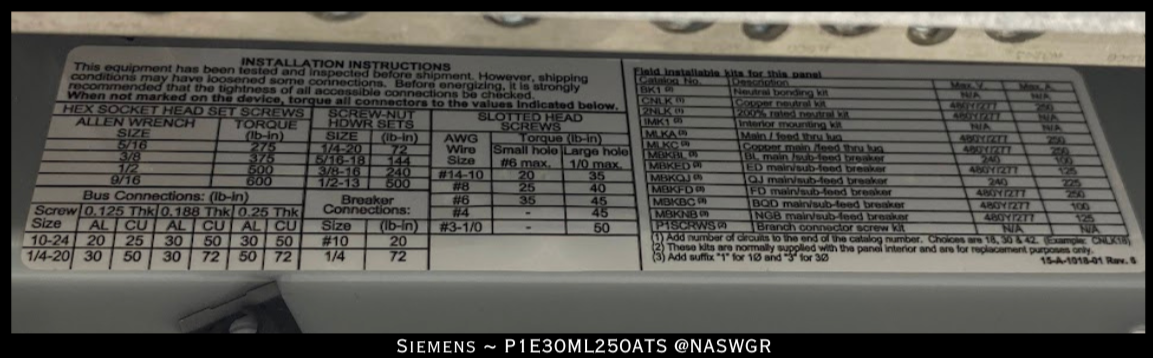 Siemens P1E30ML250ATS Unassembled Lighting Panel - 250A/480Y,277V/3P4W - Unused