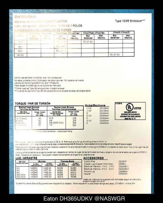 Eaton DH365UDKV Heavy Duty Safety Switch - 400A/600V/3P/N12/3R - Unused