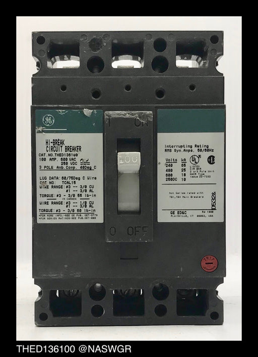 General Electric THED136100 Molded Case Circuit Breaker ~ 100 Amp