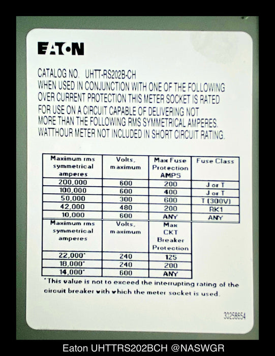 Eaton UHTTRS202BCH Meter Socket - 200A/600V/1P3W/N3R - Unused