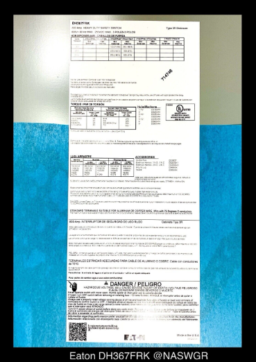 Eaton DH367FRK Heavy Duty Safety Switch - 800A/600V/3P/N3R - Unused