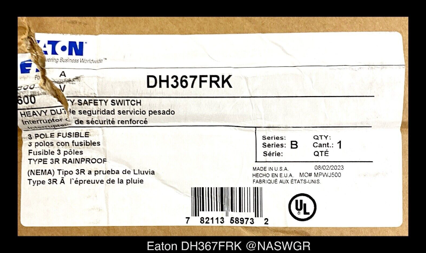 Eaton DH367FRK Heavy Duty Safety Switch - 800A/600V/3P/N3R - Unused