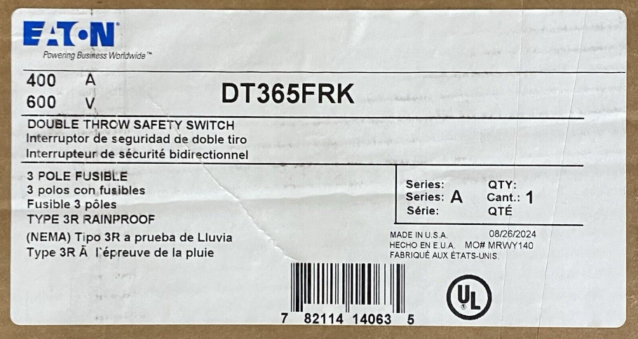 Eaton DT365FRK Heavy Duty Safety Switch - 400A/600V/3P/N3R - Unused