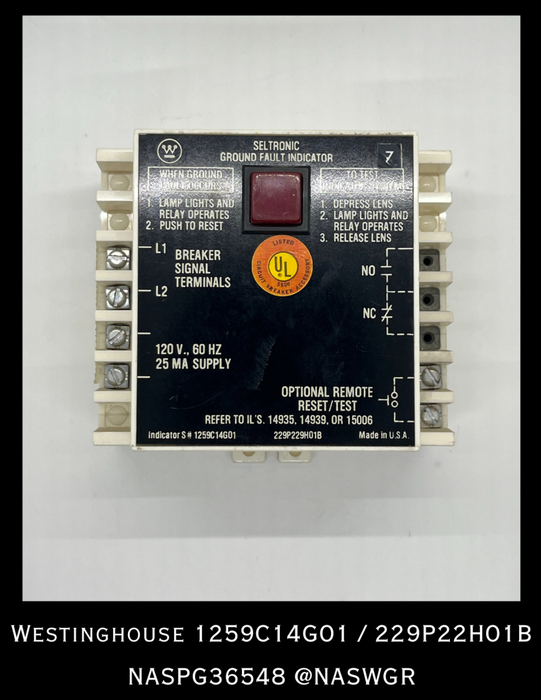 1259C14G01 ~ Westinghouse 1259C14G01 Seltronic Ground Fault Indicator