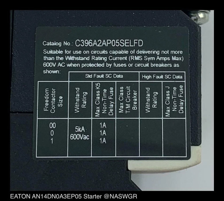 Eaton AN14DN0A3EP05 Freedom NEMA Motor Control Starter - 27 Amp - Unused Surplus