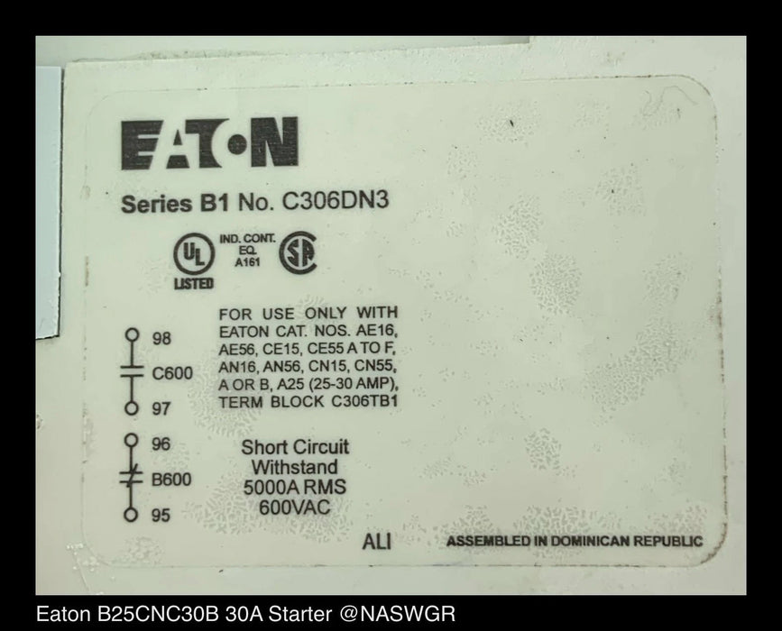 Eaton B25CNC30B Definite Purpose Starter - 30 Amp - Unused Surplus