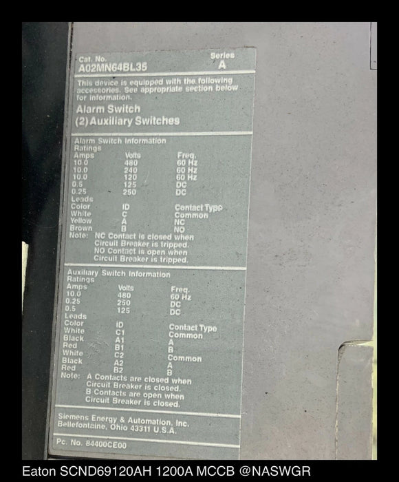 Siemens SCND69120AH Circuit Breaker - 1200A ~ with M0MN6120L ~ Surplus