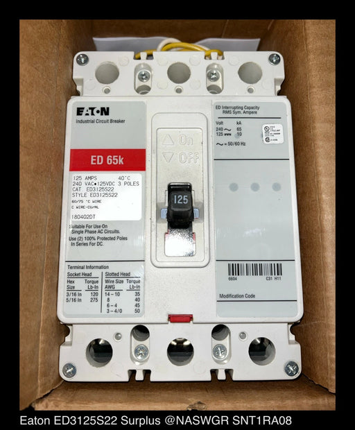 Eaton ED3125S22 Molded Case Circuit Breaker - 125 Amp - Unused Surplus