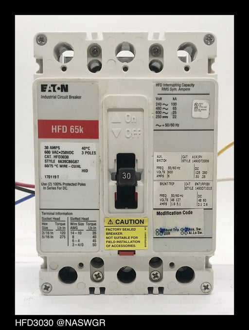 Eaton HFD3030 Molded Case Circuit Breaker w/ Shunt Trip & Aux Switch ~ 30 Amp