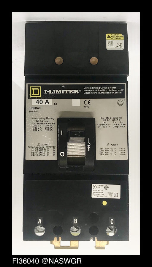 Square D FI36040 Molded Case Circuit Breaker ~ 40 Amp - Unused Surplus