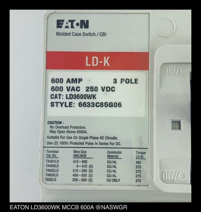 Eaton LD3600WK Molded Case Switch - 600 Amp - Unused