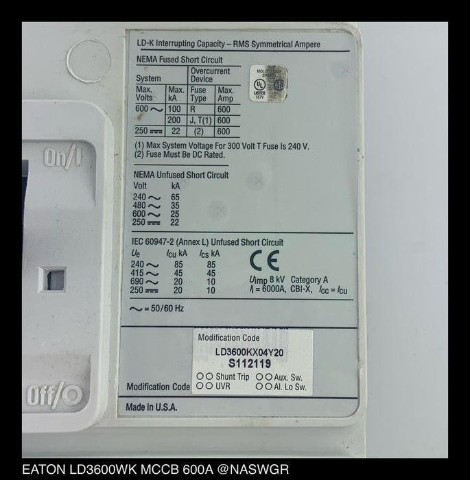 Eaton LD3600WK Molded Case Switch - 600 Amp - Unused
