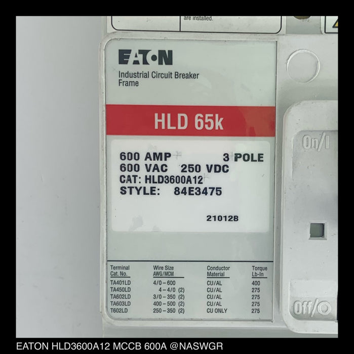 Eaton HLD3600A12 Molded Case Circuit Breaker - 600 Amp - Unused