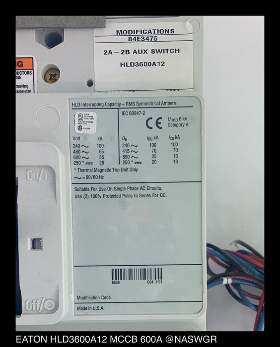 Eaton HLD3600A12 Molded Case Circuit Breaker - 600 Amp - Unused