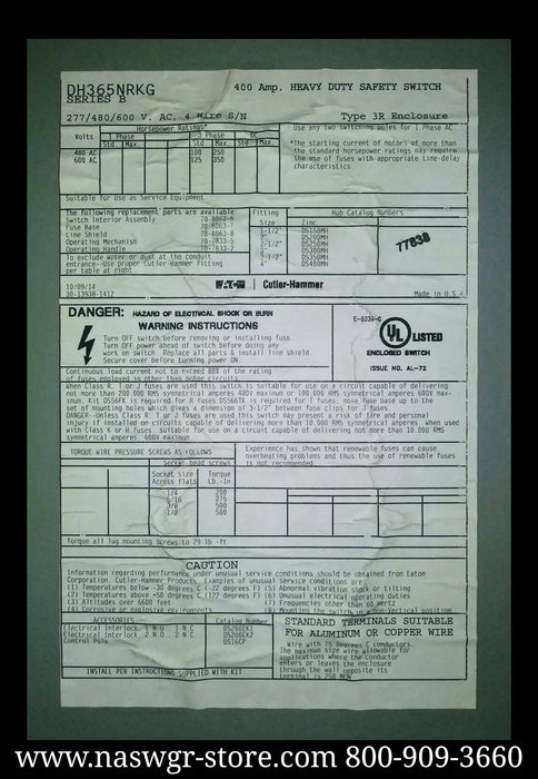 Eaton DH365NRKG Heavy Duty Safety Switch - 400A/600V/3P4W/N3R