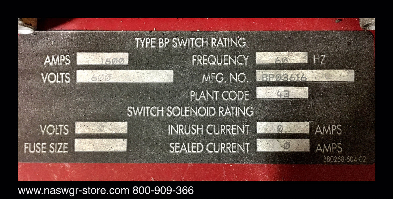 Square D Bolt-Loc BP03616 Bolted Pressure Switch - 1600 Amp