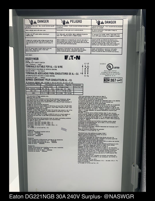 Eaton DG221NGB General Duty Safety Switch - 30A/240V/2P3W/N1 - Unused