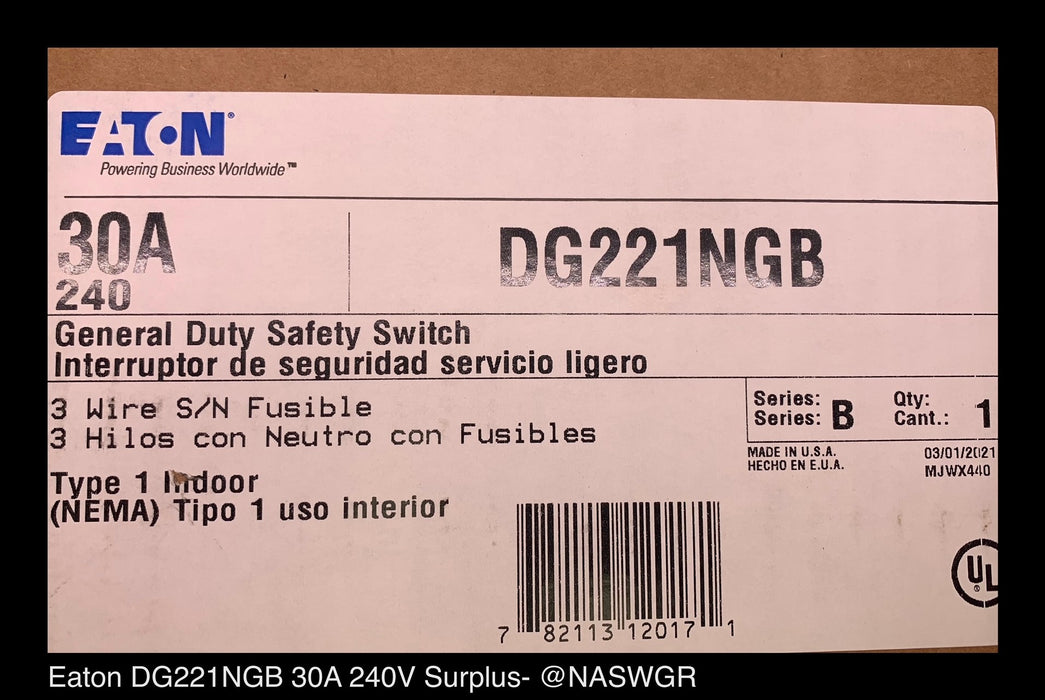 Eaton DG221NGB General Duty Safety Switch - 30A/240V/2P3W/N1 - Unused