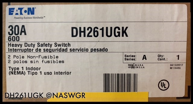 Eaton DH261UGK Heavy Duty Safety Switch - 30A/600V/2P/N1 - Unused