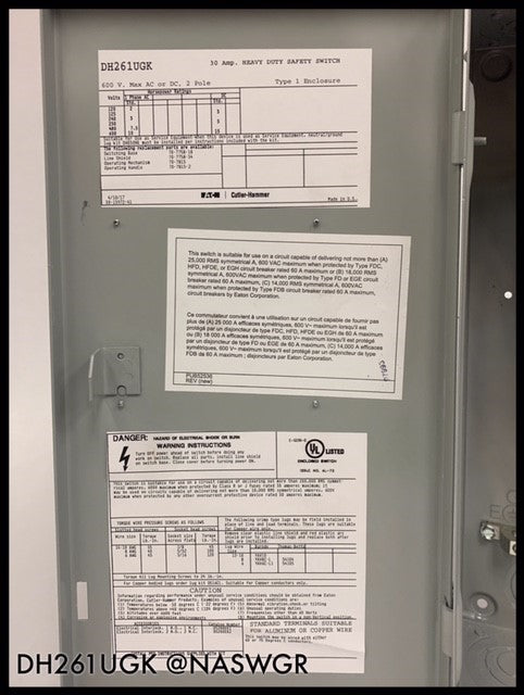 Eaton DH261UGK Heavy Duty Safety Switch - 30A/600V/2P/N1 - Unused