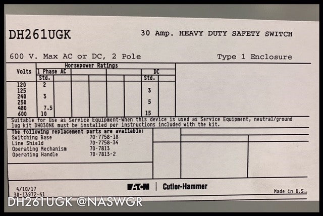 Eaton DH261UGK Heavy Duty Safety Switch - 30A/600V/2P/N1 - Unused