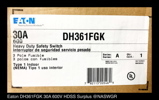 Eaton DH361FGK Heavy Duty Safety Switch - 30A/600V/3P/N1 - Unused