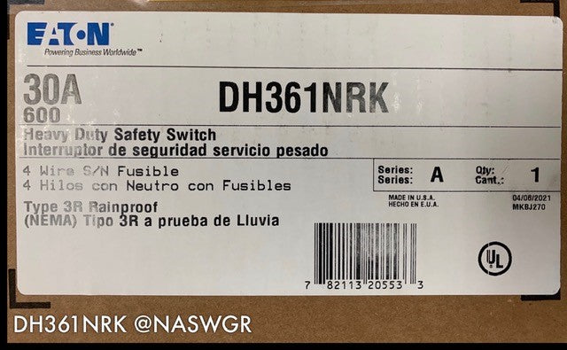 Eaton DH361NRK Heavy Duty Safety Switch - 30A/600V/3P/N3R - Unused