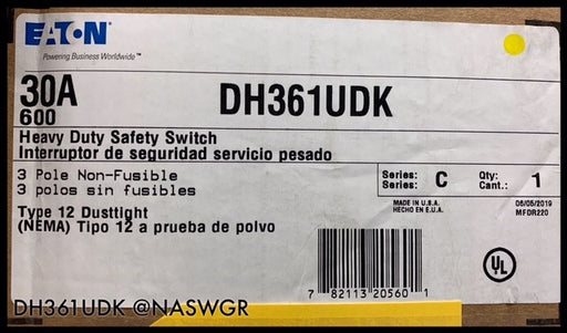 Eaton DH361UDK Heavy Duty Safety Switch - 30A/600V/3P/N12 - Unused